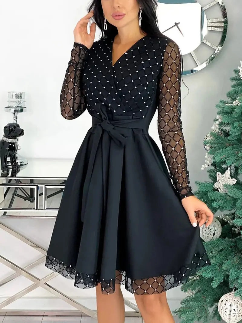 Shiny Sequin Diamond Mesh Stitching Dress Women Spring Autumn Sheer Long Sleeve Belted Slim A Line Dresses nowadaysfashion