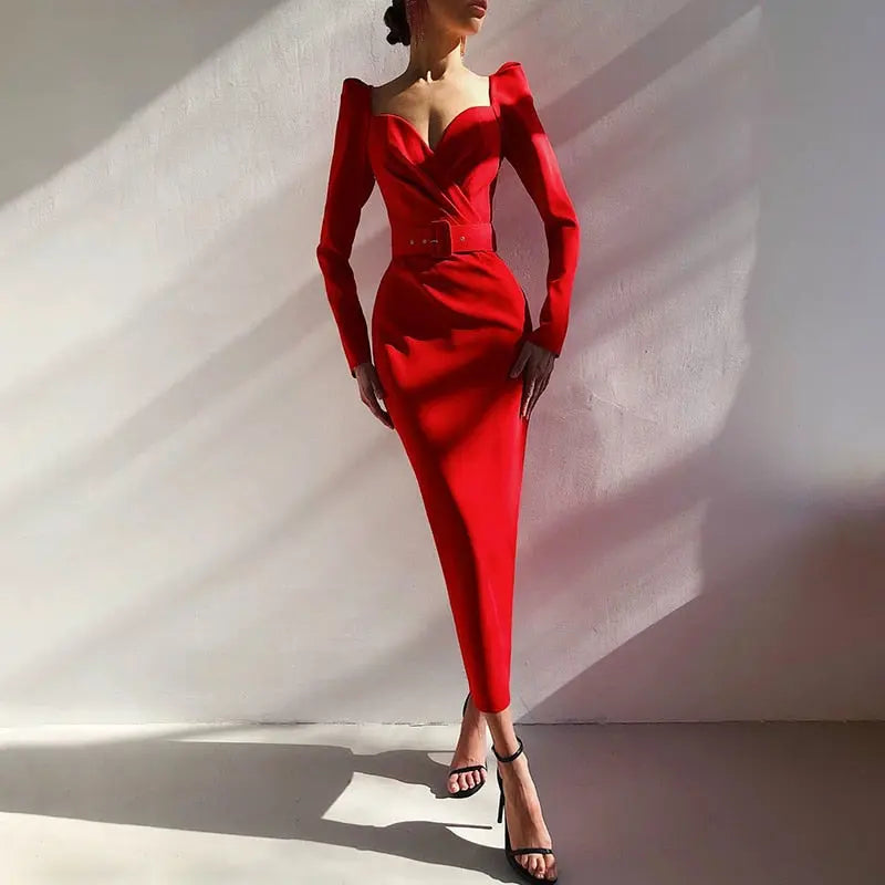 Slim V Neck Long Sleeve Mid Calf Pencil Dress 2022 Casual Office Lady Solid Red Puff Sleeve nowadaysfashion
