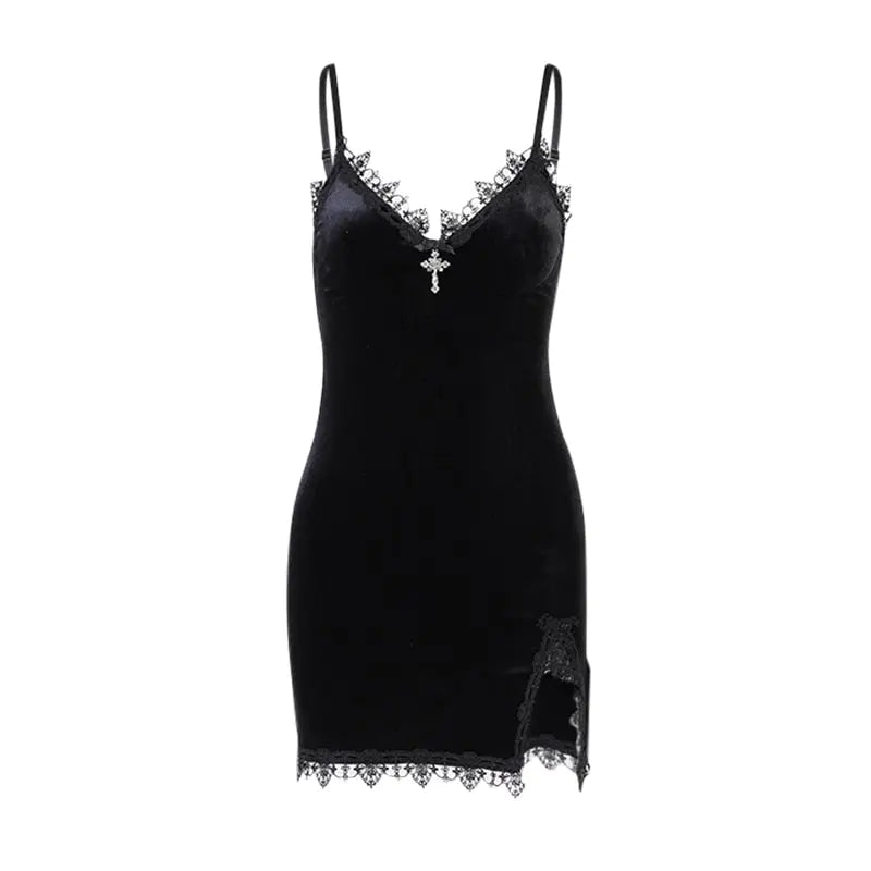 Gothic Dark Cross Black Mini Dress Vintage Sexy Spaghetti Strap High Waist Slit Dresses nowadaysfashion