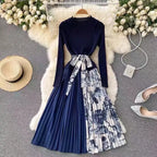 Knitted Patchwork Gradient Print Pleated Dress Long Sleeve Office One-Piece Sweater Dress With Belt nowadaysfashion
