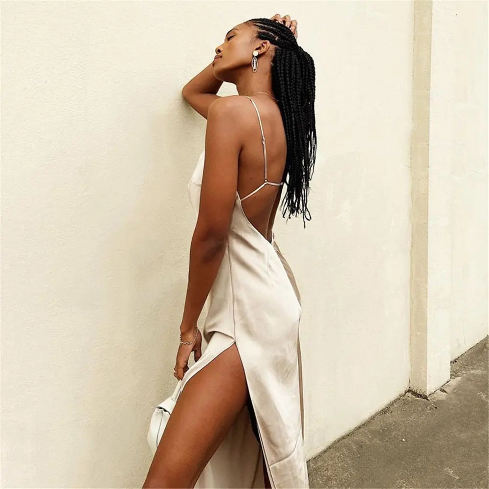 Spring Summer Women Satin Silky Spaghetti Strap Split Long Dress Elegant Sleeveless Backless Sexy Vestito nowadaysfashion