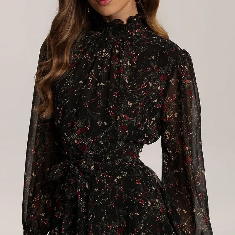 Spring Vintage Perspective Floral Print Dress Women Long Sleeve Chiffon A Line Mini Dress Vestidos nowadaysfashion