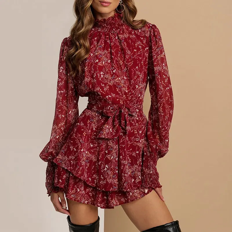 Spring Vintage Perspective Floral Print Dress Women Long Sleeve Chiffon A Line Mini Dress Vestidos nowadaysfashion