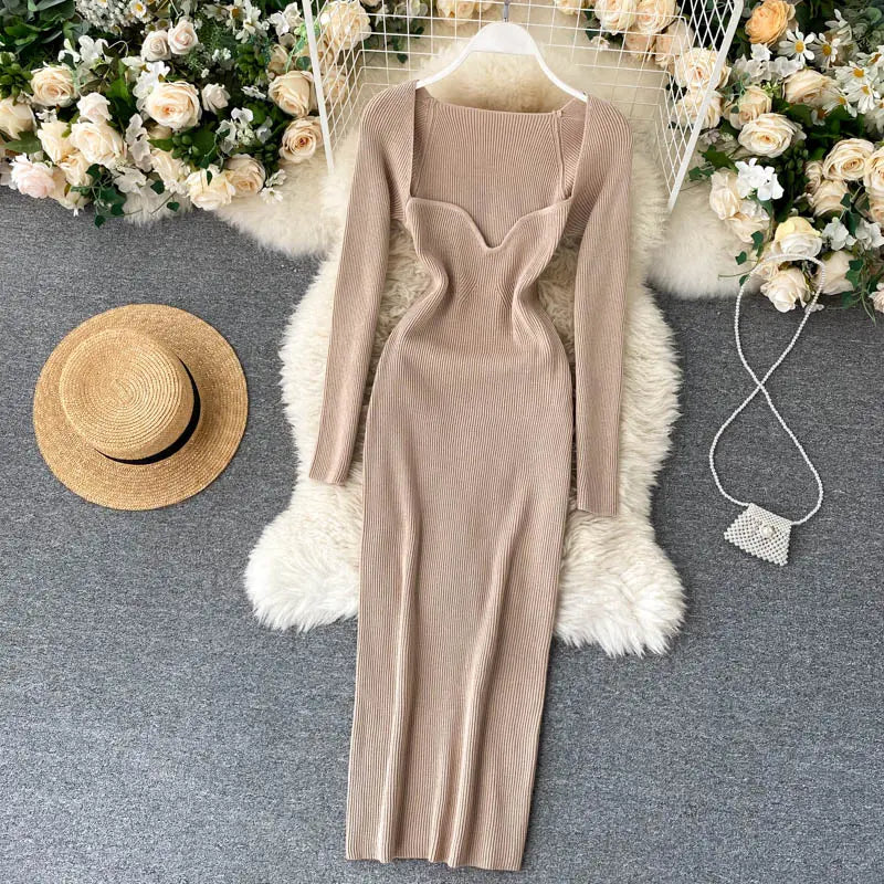 Strapless Ribbed Knitted Bodycon Dress Women Winter Long Sleeve Midi Sweater Dress nowadaysfashion
