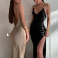 Spring Summer Women Satin Silky Spaghetti Strap Split Long Dress Elegant Sleeveless Backless Sexy Vestito nowadaysfashion