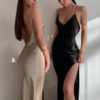 Spring Summer Women Satin Silky Spaghetti Strap Split Long Dress Elegant Sleeveless Backless Sexy Vestito nowadaysfashion