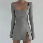 Square Neck Ribbed Black Dress Female Knitted Side Split Bodycon Dress Long Sleeve Mini Dresses nowadaysfashion