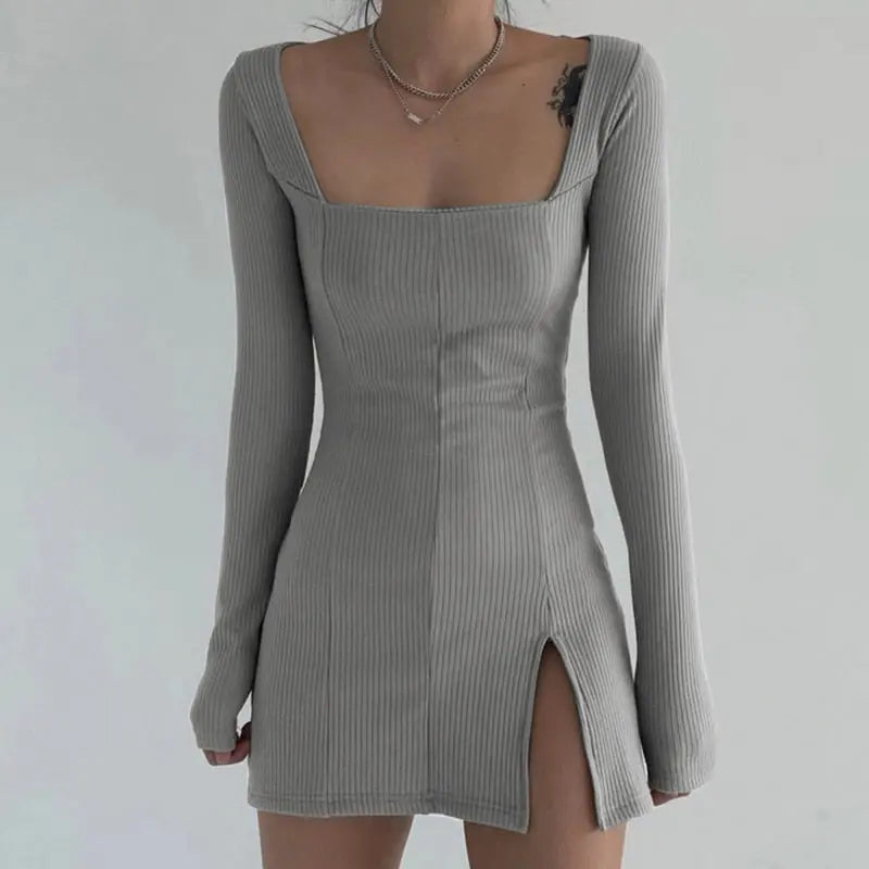 Square Neck Ribbed Black Dress Female Knitted Side Split Bodycon Dress Long Sleeve Mini Dresses nowadaysfashion