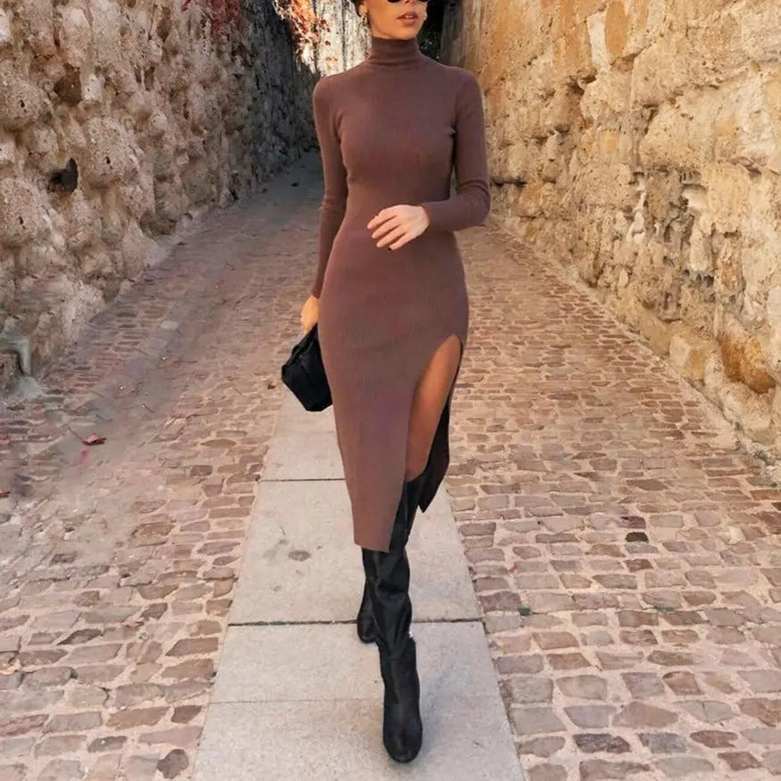Long Sleeves High-Neck Elastic Midi Dress Lady Knit Sweater Dresses nowadaysfashion