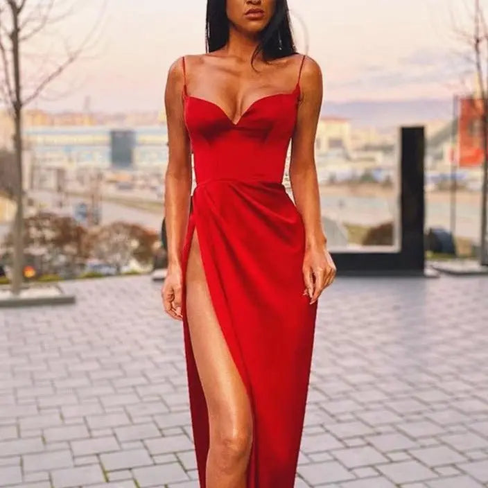 Satin Spaghetti Straps Low Cut Long Dress Women Summer Ruched Side High Split Maxi Dress nowadaysfashion