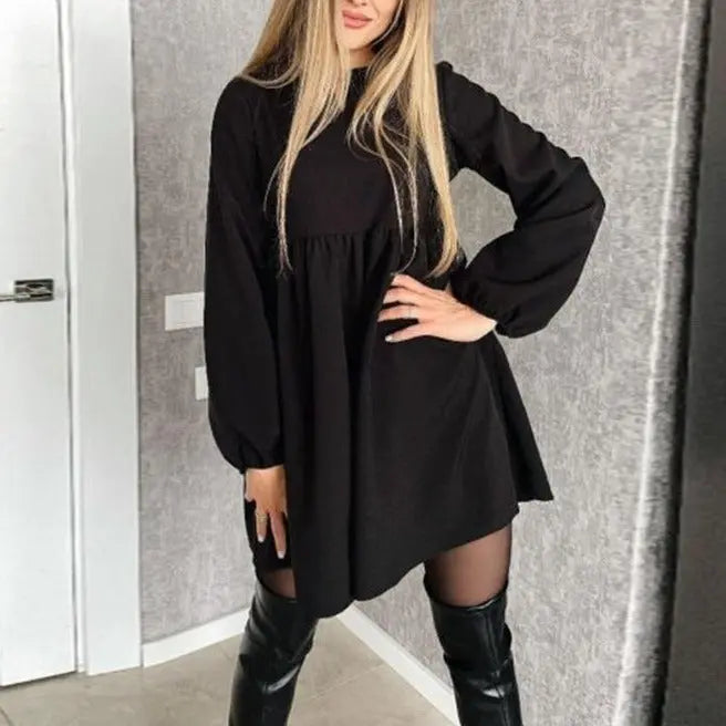 O-Neck Folds Lantern Sleeve Casual Dresses Autumn Solid Color A-Line Loose Comfort High Waist Dress nowadaysfashion