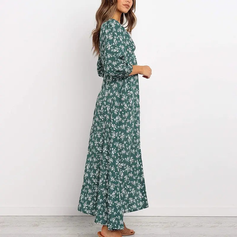 Women Chiffon Long Dress Floral Print Lantern Sleeve A-line Maxi Vestidos Vintage V Neck Dresses nowadaysfashion