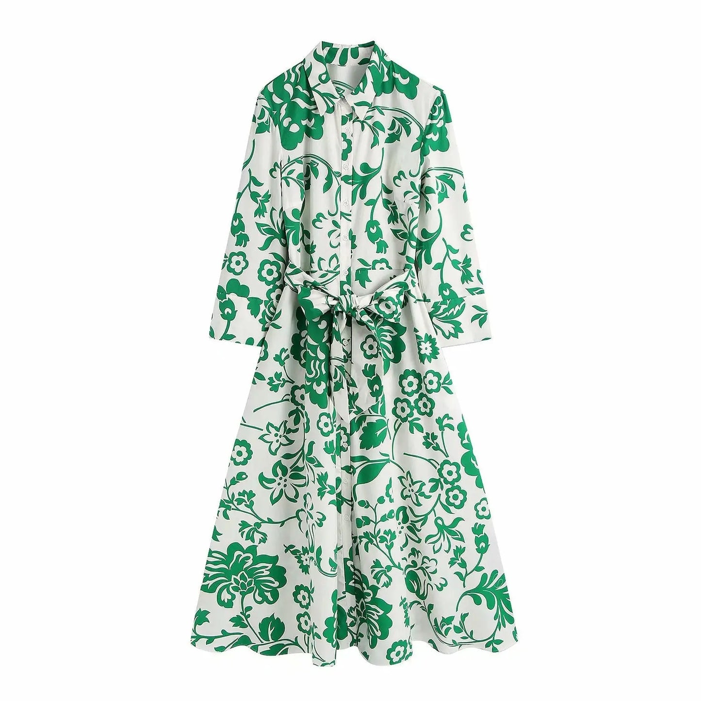 Women Vintage Totem Floral Print Bow Sashes Midi Shirt Dress Female Three Quarter Sleeve Slim Vestidos nowadaysfashion