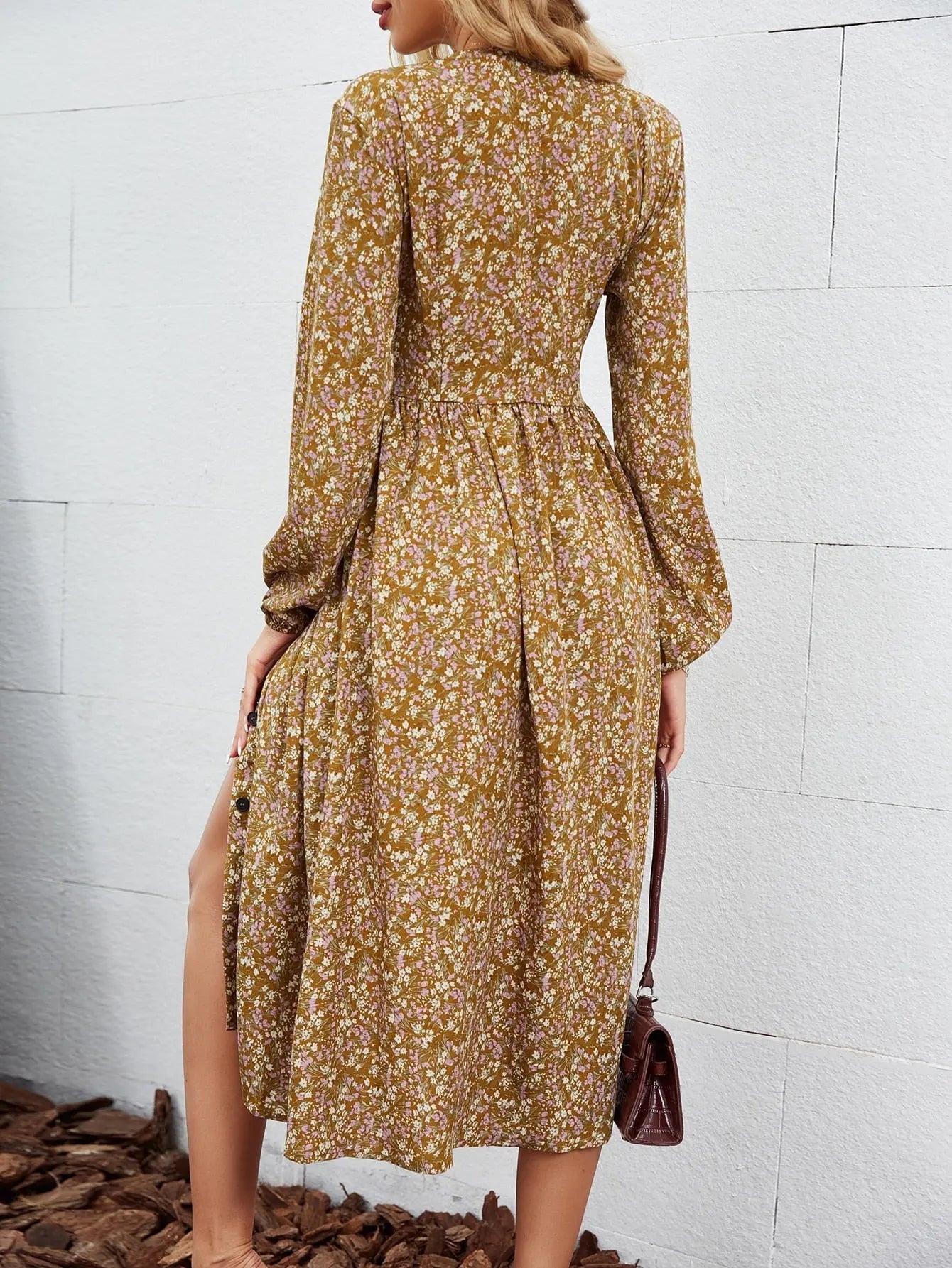 Retro pleated v-neck buttons A-line floral Elegant high waist maxi dress Long lantern sleeves vestido female nowadaysfashion