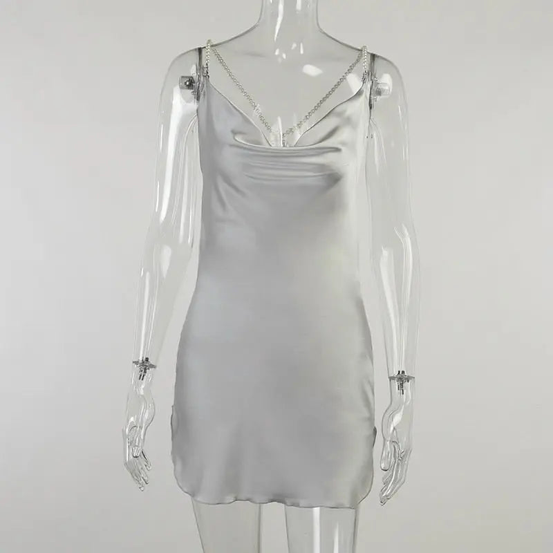 Silk Strap Mini Dresses Backless Solid Color Criss Front Pearl Sexy Summer Sexy Party nowadaysfashion
