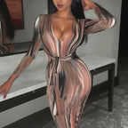 tie dye print women midi dress long sleeve bodycon sexy bandage bodycon nowadaysfashion