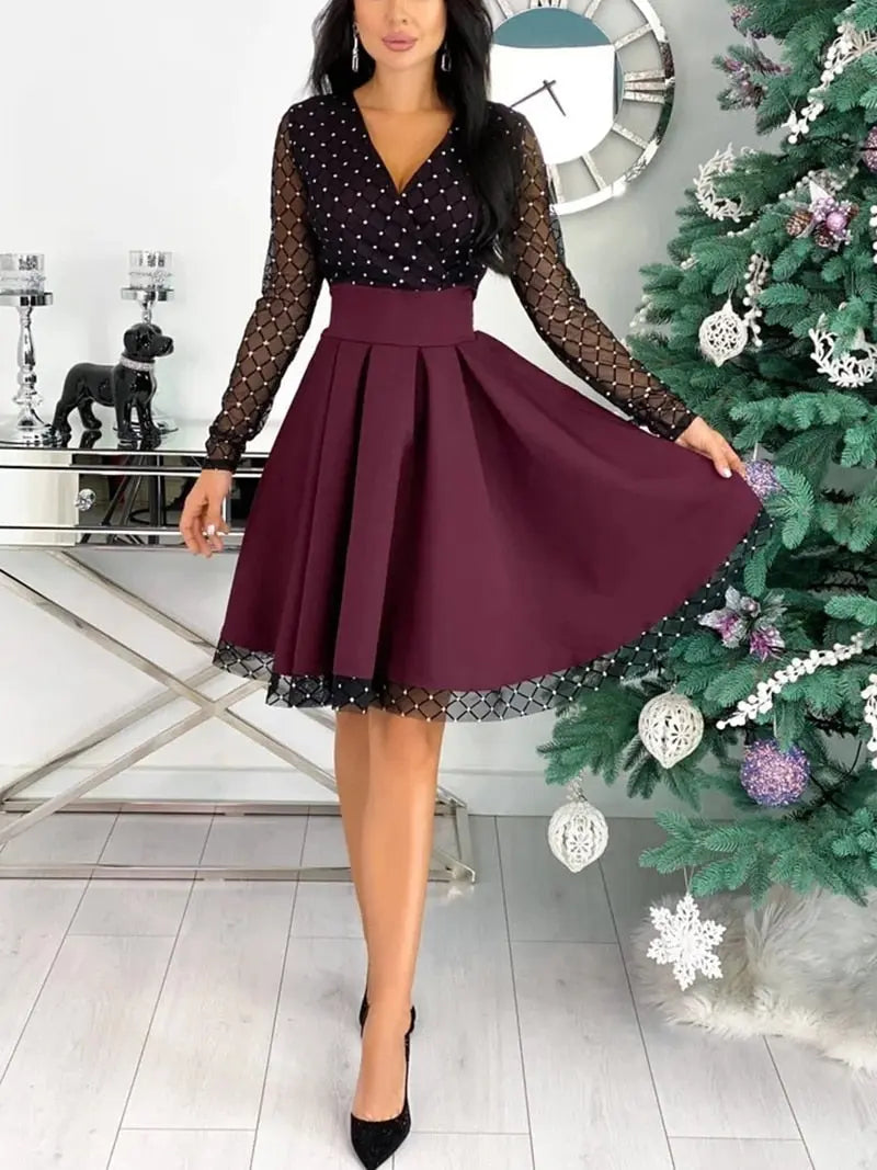 Shiny Sequin Diamond Mesh Stitching Dress Women Spring Autumn Sheer Long Sleeve Belted Slim A Line Dresses nowadaysfashion