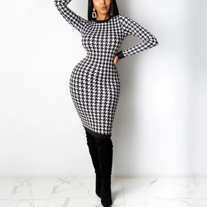 Houndstooth Print Women Long Sleeve Midi Dress Hollow Out Bodycon Streetwear nowadaysfashion