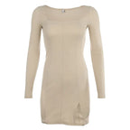 Square Neck Ribbed Black Dress Female Knitted Side Split Bodycon Dress Long Sleeve Mini Dresses nowadaysfashion