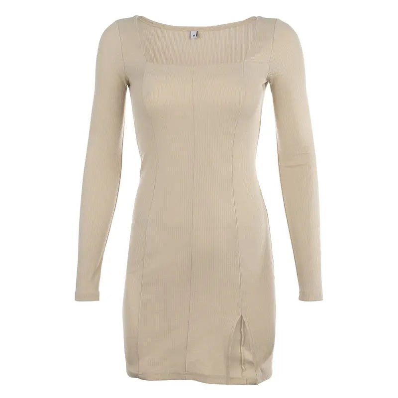 Square Neck Ribbed Black Dress Female Knitted Side Split Bodycon Dress Long Sleeve Mini Dresses nowadaysfashion