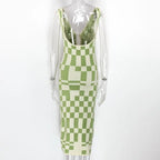 Knitted Sexy Bodycon Summer Women Dresses Backless Plaid Print Spaghetti Strap Hollow Out Vestidos nowadaysfashion