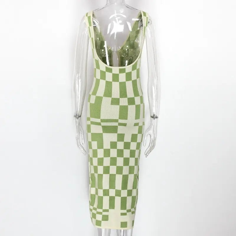 Knitted Sexy Bodycon Summer Women Dresses Backless Plaid Print Spaghetti Strap Hollow Out Vestidos nowadaysfashion