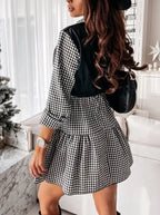 Long Sleeve Mini Shirt Dress For Women White 2022 Spring PU Leather Patchwork Plaid Dresses nowadaysfashion