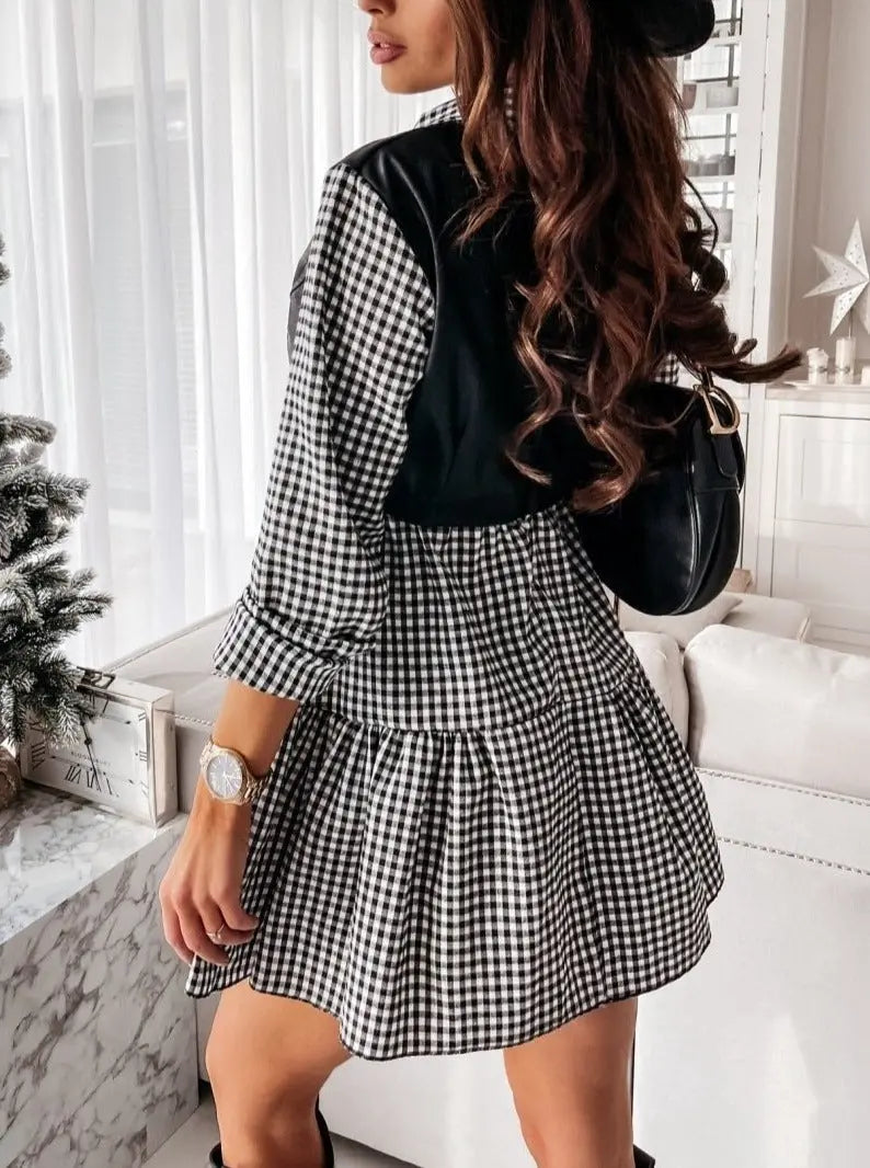 Long Sleeve Mini Shirt Dress For Women White 2022 Spring PU Leather Patchwork Plaid Dresses nowadaysfashion