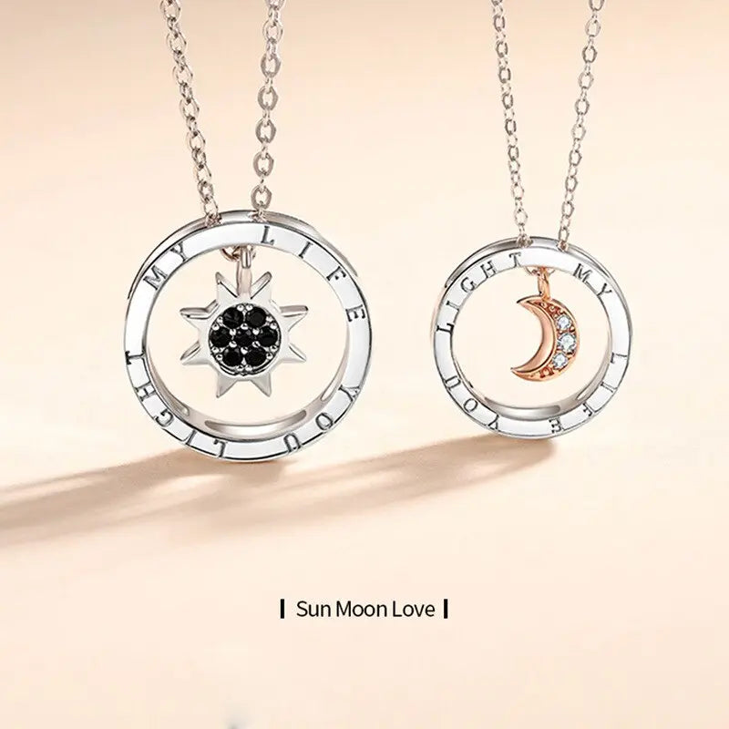 couple silver color ring sun and moon two-color pendant necklace jewelry gift nowadaysfashion