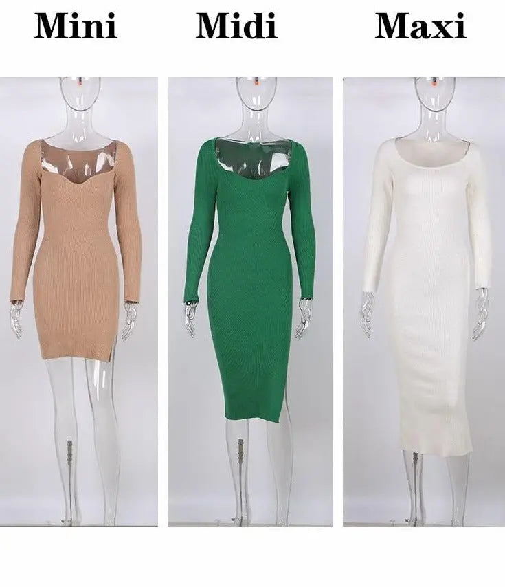 2022 Knitted Green Midi Sexy Bodycon Women Dress Spring Long Sleeve Off Shoulder Split Sweater Dresses nowadaysfashion