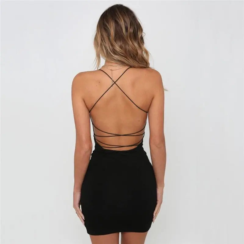 Summer Women Sexy Plain Solid Color Bandage Mini Dress Elegant Backless Sleeveless Bodycon nowadaysfashion