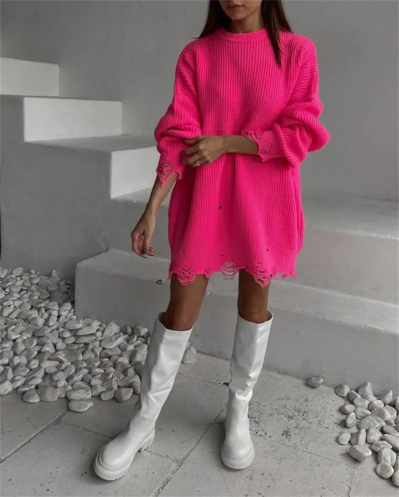 O Neck Oversized Mini Knitted Women Sweater Loose Dresses Autumn Winter Long Sleeve nowadaysfashion