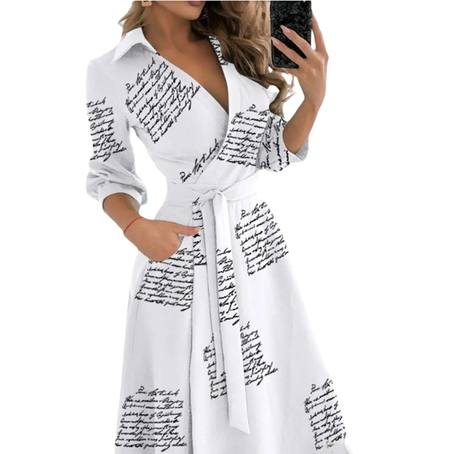 Spring Summer Lady Cover Up Women's Shirt Dress Wave Print Long Sleeve V-Neck Casual Dress Plus Size nowadaysfashion