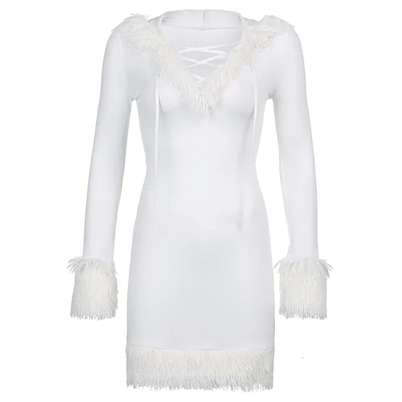 Furry White Bodycon Mini Dresses Women Autumn Long Sleeve Hooded V Neck Dress nowadaysfashion