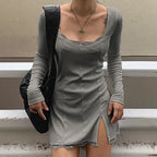 Square Neck Lace Patchwork Bodycon Black Dress Women Cotton Side Split Autumn Dress nowadaysfashion