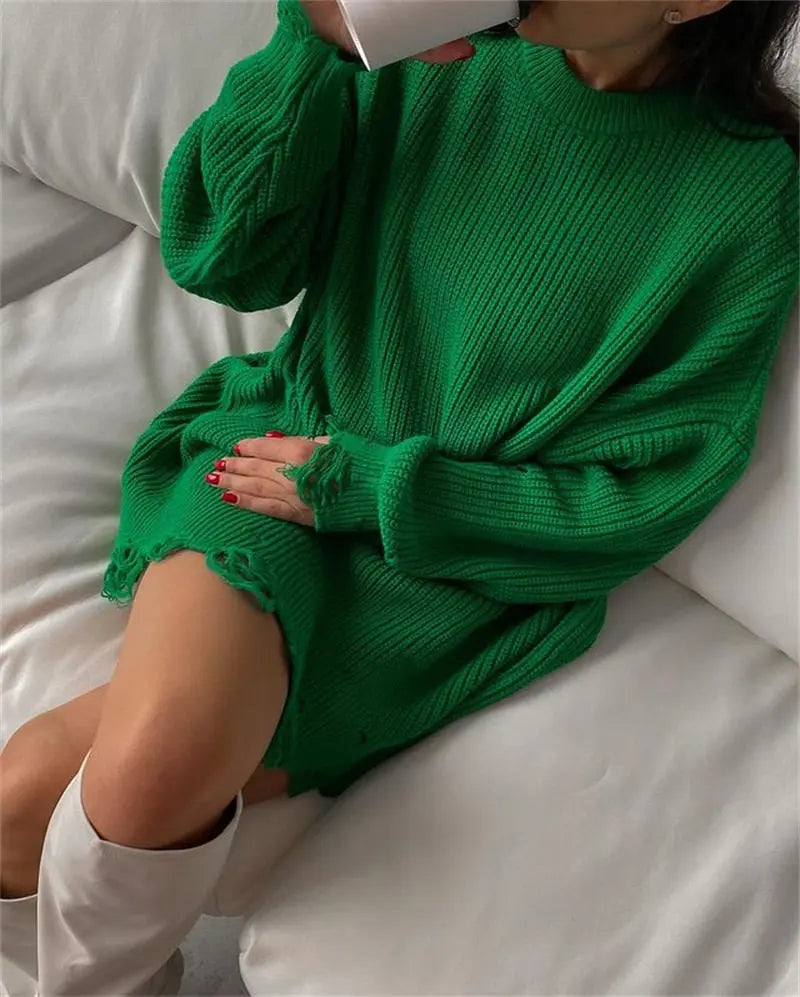 O Neck Oversized Mini Knitted Women Sweater Loose Dresses Autumn Winter Long Sleeve nowadaysfashion