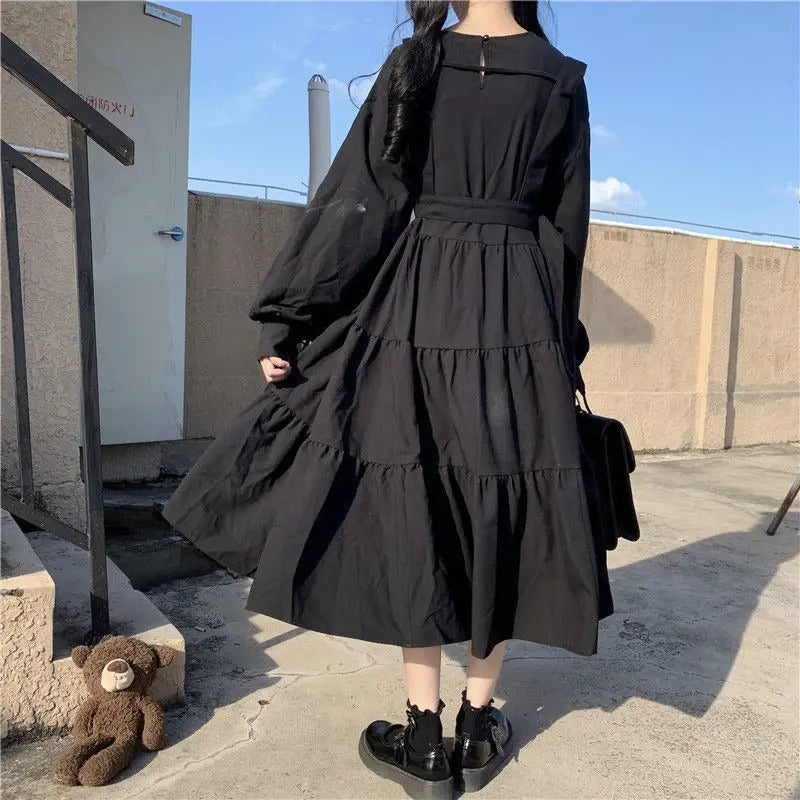 Women Harajuku Gothic Lolita Goth Kawaii Dress Punk Cute Long Sleeve Black Midi Dress nowadaysfashion