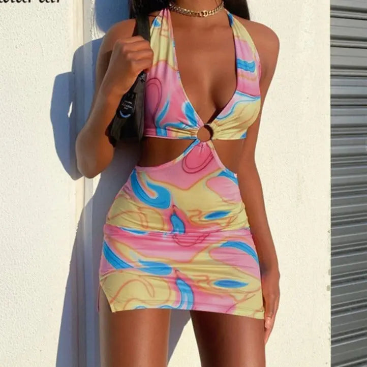 Tie Dye Printed Mini Bodycon Dress For Women Backless Halter Cut Out Sexy Summer Dress nowadaysfashion