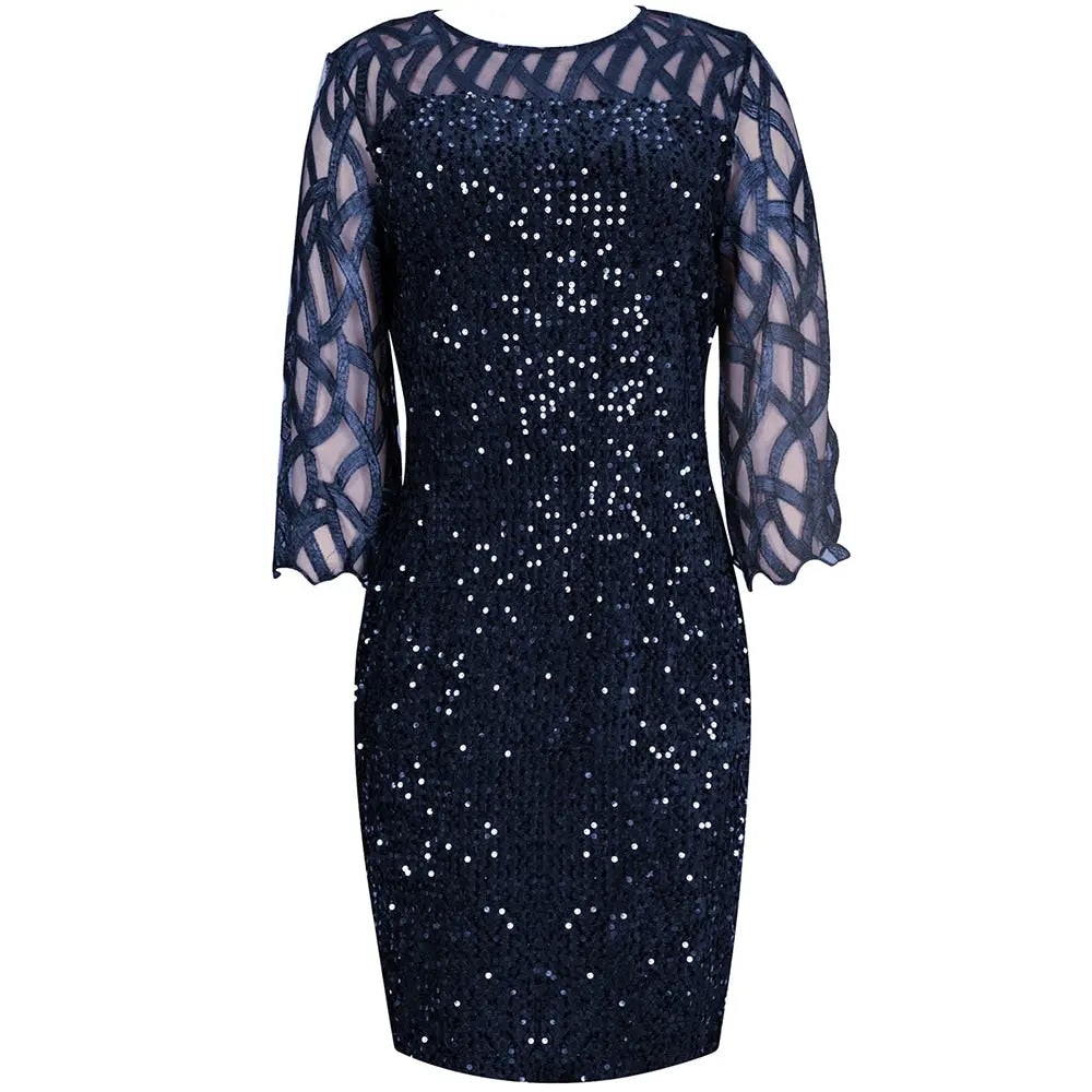Elegant Sequin Evening Party Dresses 2022 Spring Mesh Patchwork Casual Midi Dress nowadaysfashion