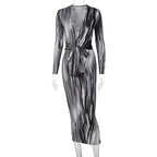 tie dye print women midi dress long sleeve bodycon sexy bandage bodycon nowadaysfashion