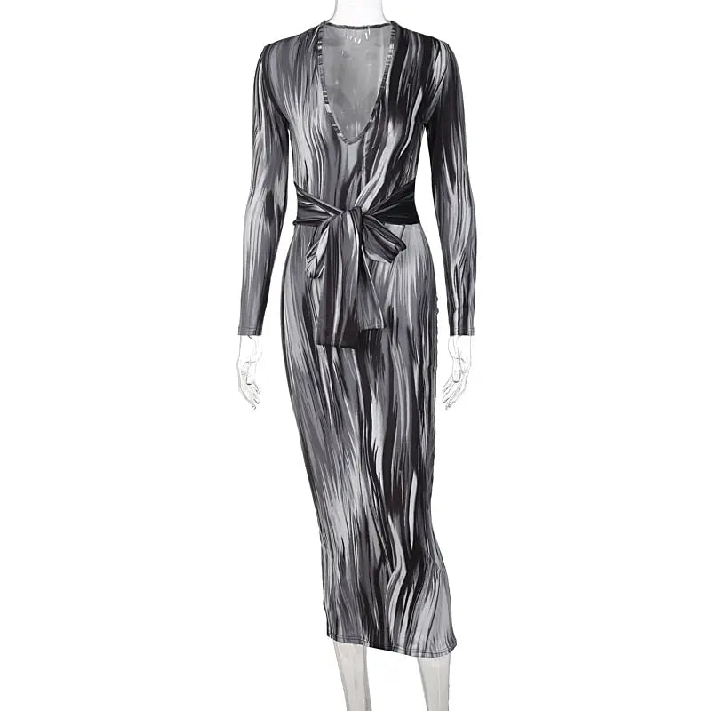 tie dye print women midi dress long sleeve bodycon sexy bandage bodycon nowadaysfashion