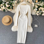Strapless Ribbed Knitted Bodycon Dress Women Winter Long Sleeve Midi Sweater Dress nowadaysfashion