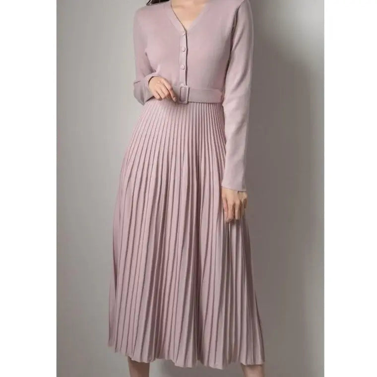 V-neck Single-breasted Women Thicken Sweater Dress Knitted Belted Female A-line soft dresses nowadaysfashion