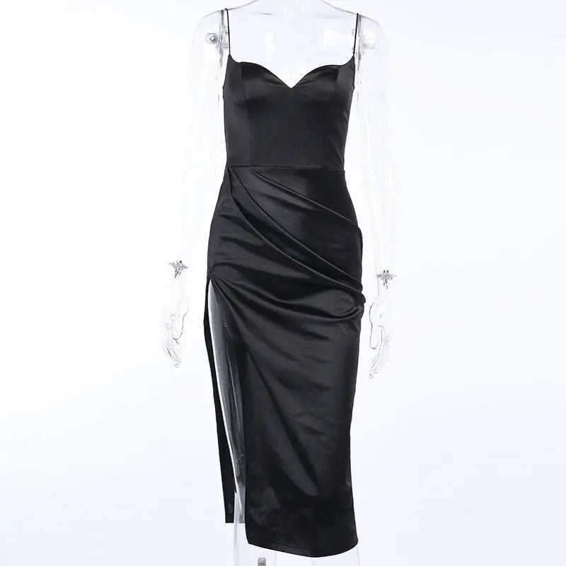 Satin Spaghetti Straps Low Cut Long Dress Women Summer Ruched Side High Split Maxi Dress nowadaysfashion