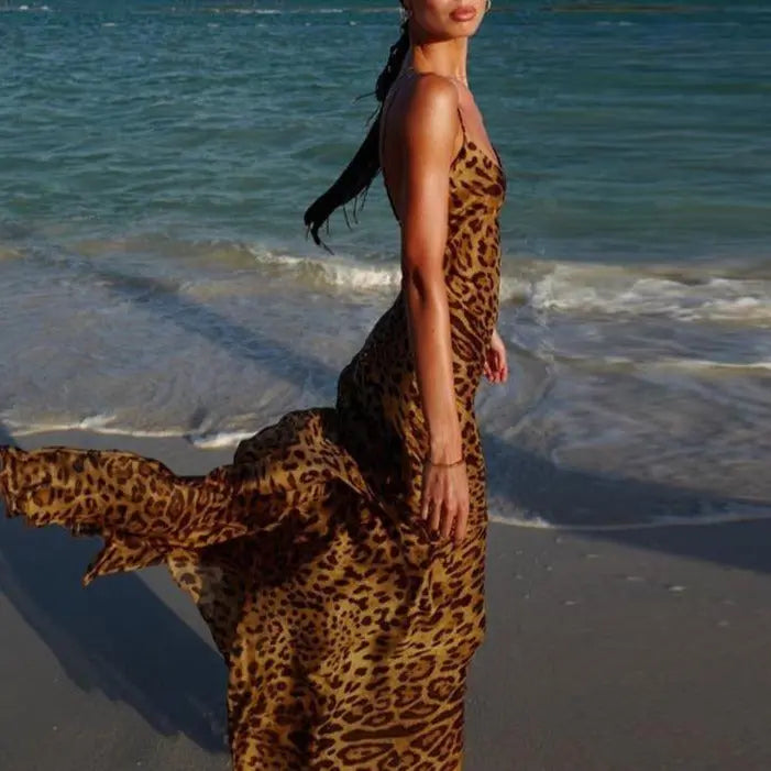 Leopard Print V-Neck Sexy Bodycon Long Dress Women Lace Up Backless Straps Beach Vestidos nowadaysfashion