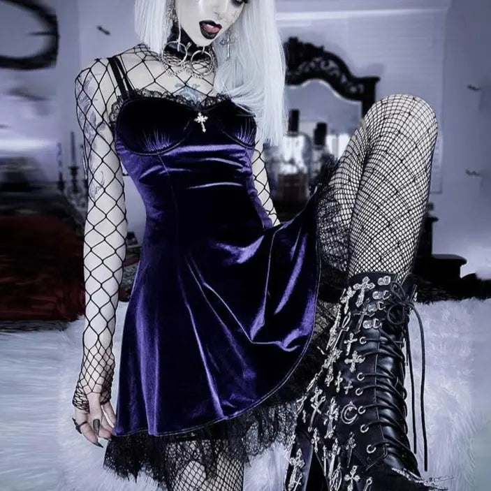 Goth Cross Sexy Purple Dress Vintage Velvet A Line Lolita Dress Aesthetic Gothic nowadaysfashion