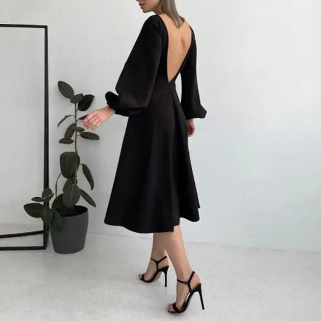 Sexy Backless Midi Long Dresses Lantern Sleeve O-Neck Autumn Folds A-Line For Women nowadaysfashion