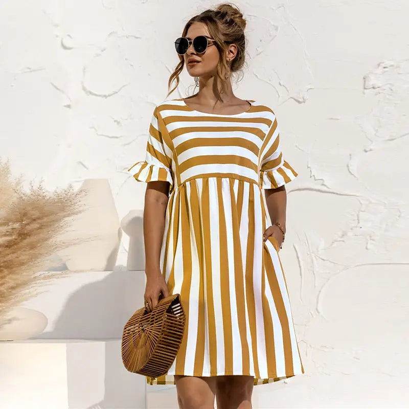 Spring Summer Dress Cute Loose Striped Print Ruffles Sleeves Dresses Elegant A Line Patchwork Beach Dress Vestidos nowadaysfashion