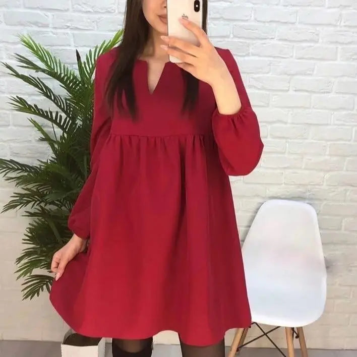 High Waist Mini Dress Long sleeve Sexy V-Neck Solid Color Party Lantern Sleeve Dress nowadaysfashion