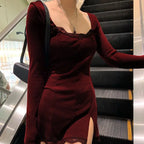 Square Neck Lace Patchwork Bodycon Black Dress Women Cotton Side Split Autumn Dress nowadaysfashion